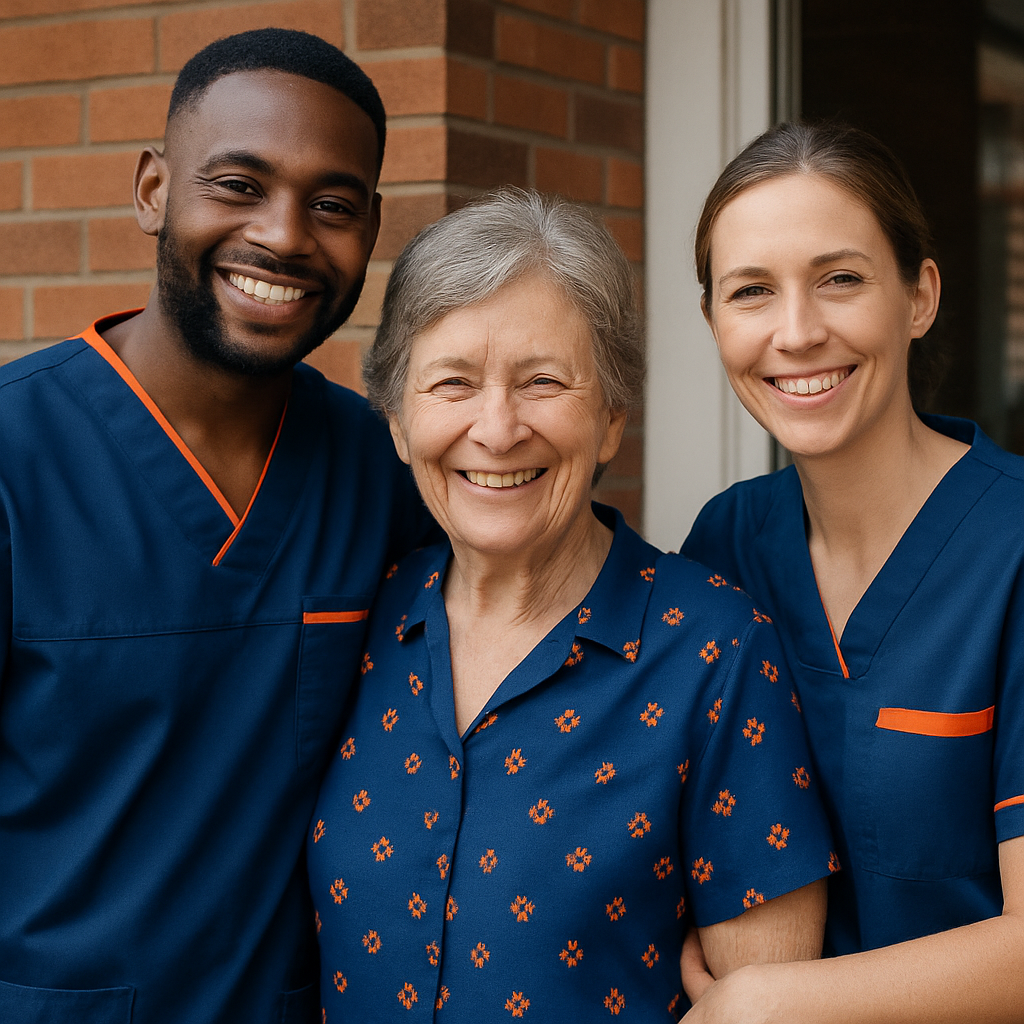 photographic Using pms 533c and 172c create an image of healthcare and agecare orf 3 workers insitu in their uniform maybe one of them in a patterned-1